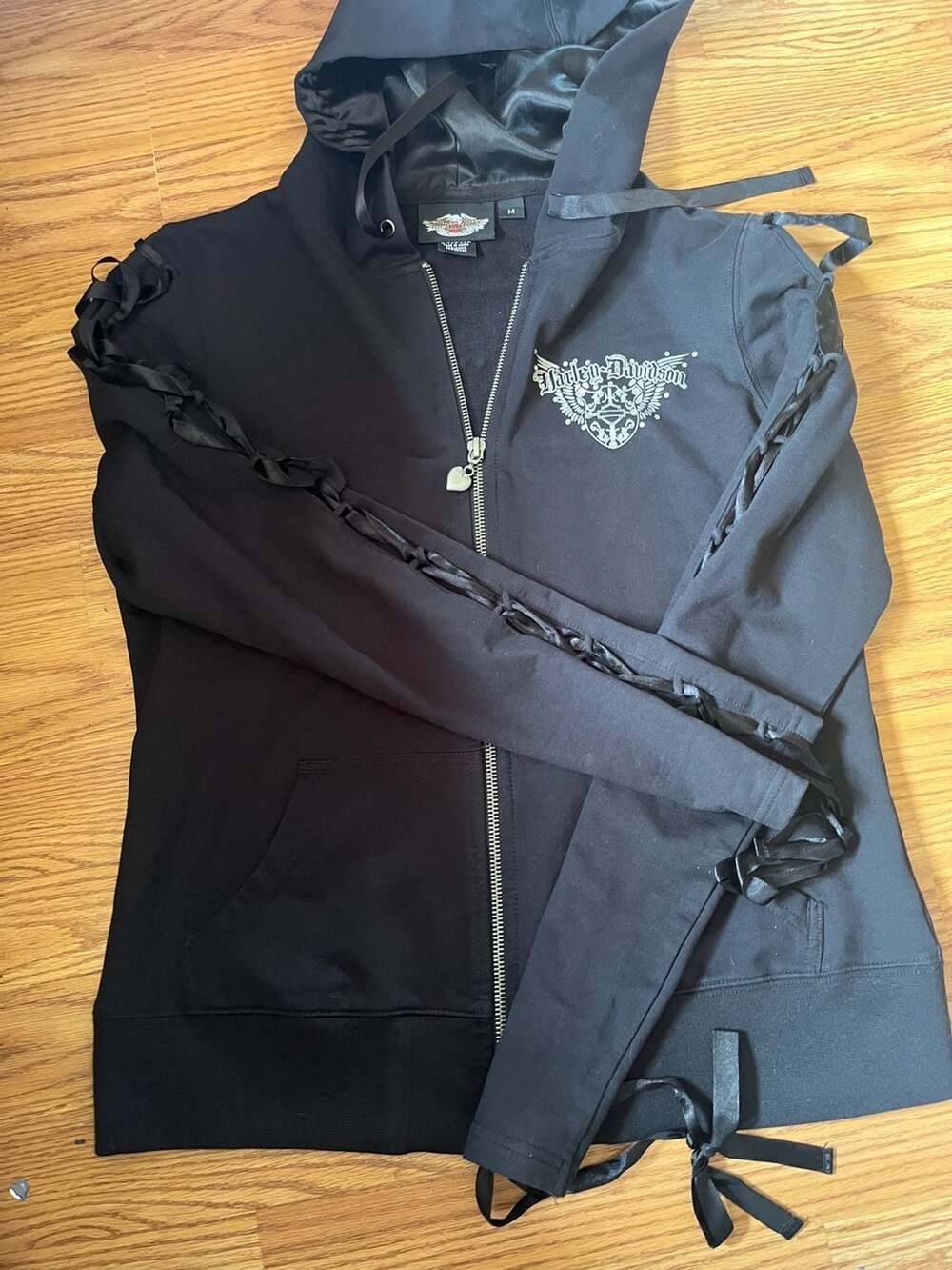 Harley-Davidson Women's Black Rhinestone Logo Full-Zip Hoodie with Lace-Up Sleev